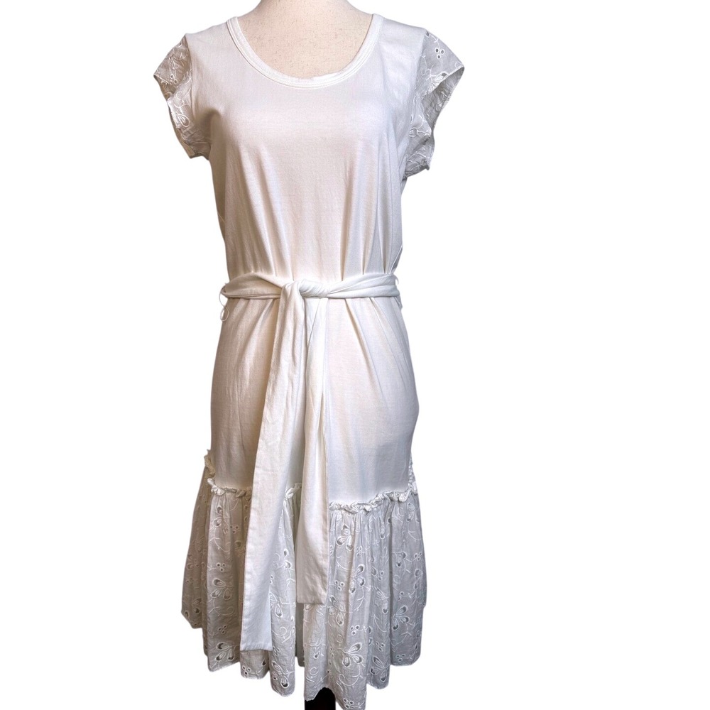 La Vie Rebecca Taylor Eyelet Dress White Ruffle Hem Tie Waist XS